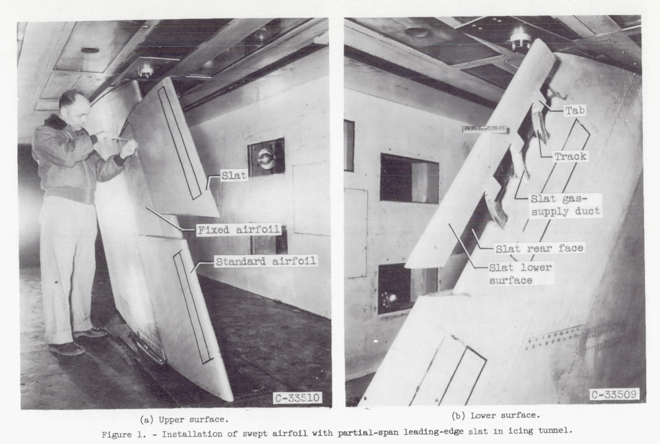 Figure 1. Installation of swept airfoil with partial-span 
leading-edge slat 1n icing tunnel.